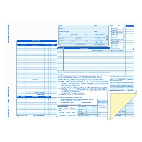 Auto Repair Four-Part Order Form