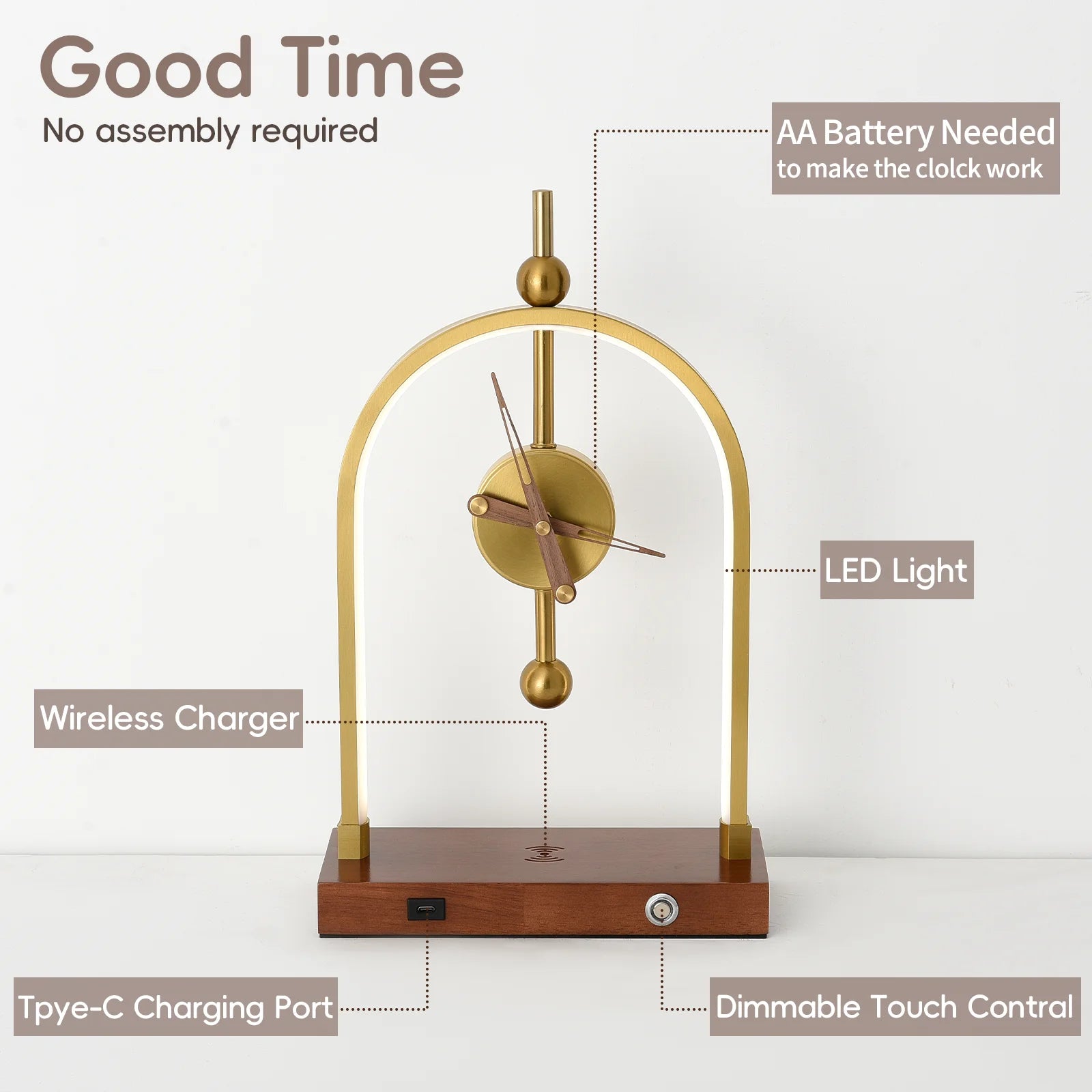 Wireless Charging Clock Lamp Dimmable Touch Switch Desk Lamp Bedroom Study Living Room Multifunctional Clock LED Table Light