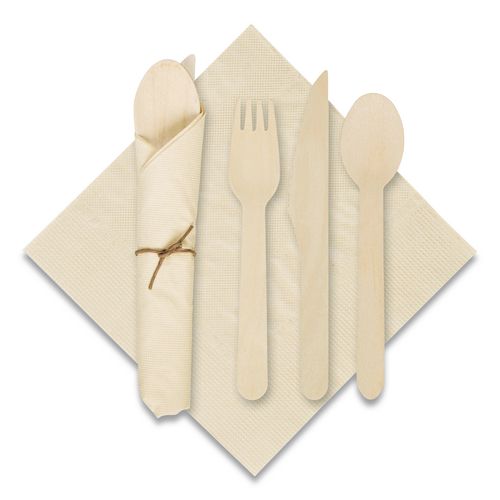 Pre-Rolled Caterwrap Kraft Napkins with Wood Cutlery