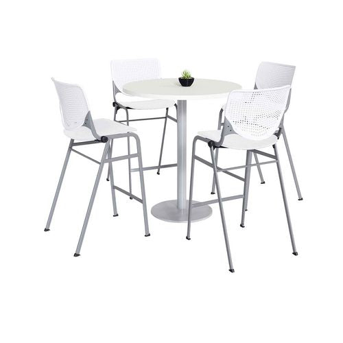 Pedestal Bistro Table with Four White Kool Series Barstools