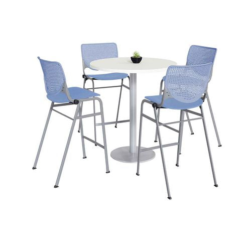 Pedestal Bistro Table with Four Periwinkle Kool Series Barstools