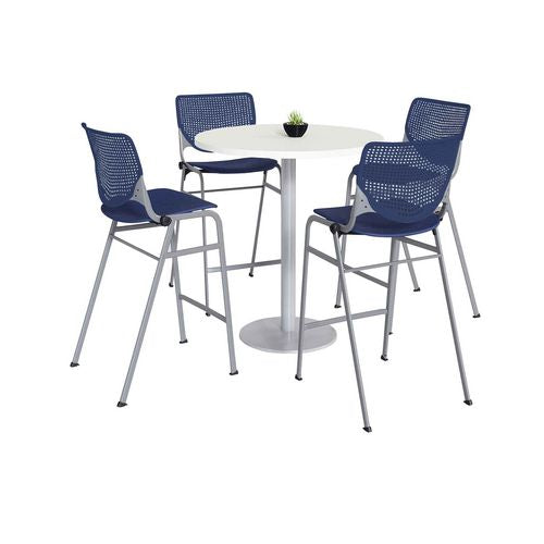 Pedestal Bistro Table with Four Navy Kool Series Barstools