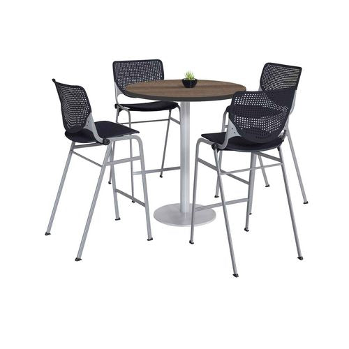 Pedestal Bistro Table with Four Black Kool Series Barstools