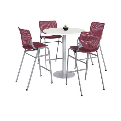 Pedestal Bistro Table with Four Burgundy Kool Series Barstools