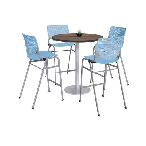 Pedestal Bistro Table with Four Sky Blue Kool Series Barstools