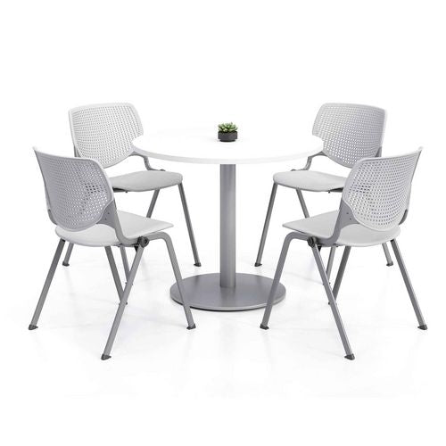 Pedestal Table with Four Light Gray Kool Series Chairs
