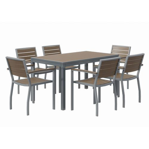 Eveleen Outdoor Patio Table with Six Mocha Powder-Coated Polymer Chairs