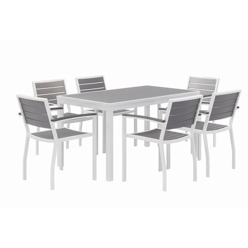 Eveleen Outdoor Patio Table with Six Gray Powder-Coated Polymer Chairs