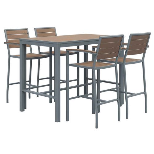 Eveleen Outdoor Bistro Patio Table with Four Mocha Powder-Coated Polymer Barstools