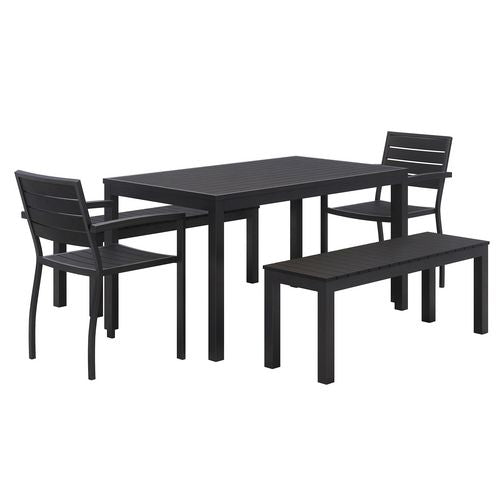 Eveleen Outdoor Patio Table with Two Black Powder-Coated Polymer Chairs and Two Benches