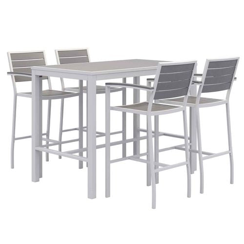 Eveleen Outdoor Bistro Patio Table with Four Gray Powder-Coated Polymer Barstools