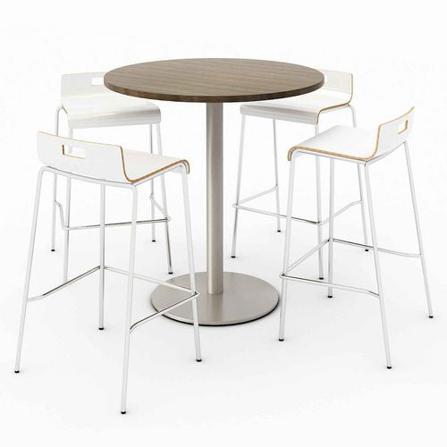 Pedestal Bistro Table with Four White Jive Series Barstools