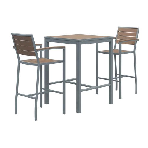 Eveleen Outdoor Bistro Patio Table with Two Mocha Powder-Coated Polymer Barstools
