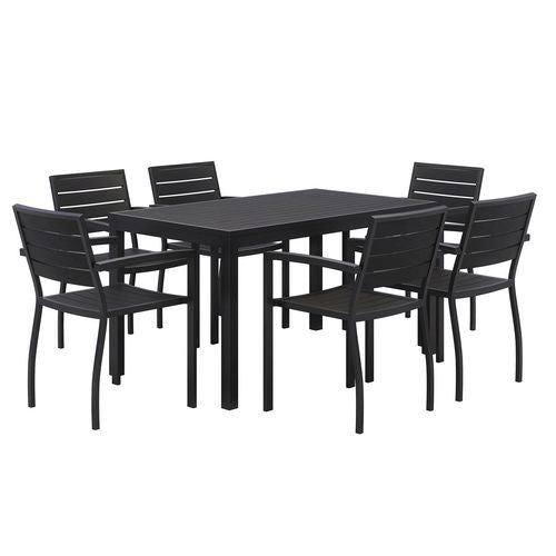 Eveleen Outdoor Patio Table with Six Black Powder-Coated Polymer Chairs