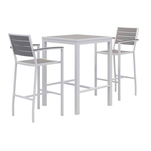 Eveleen Outdoor Bistro Patio Table with Two Gray Powder-Coated Polymer Barstools