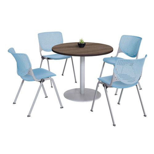 Pedestal Table with Four Sky Blue Kool Series Chairs