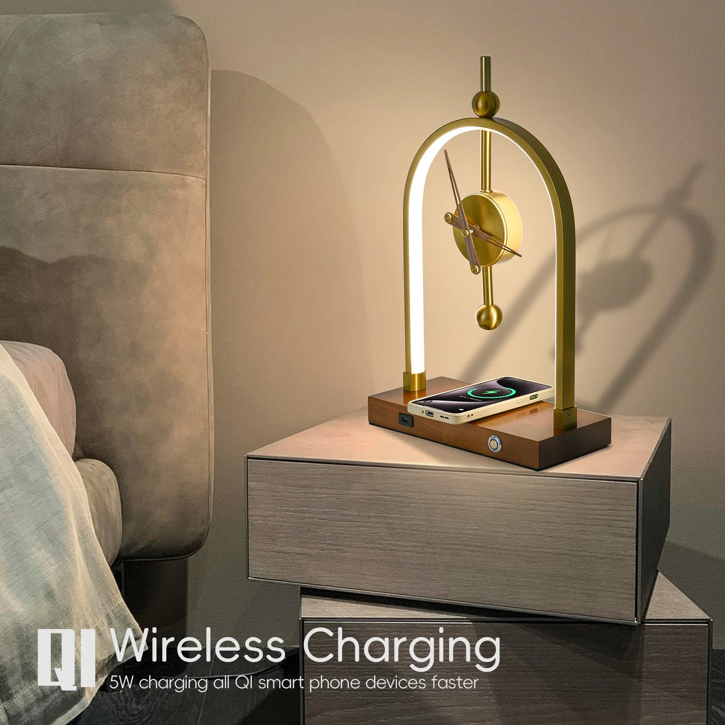 Wireless Charging Clock Lamp Dimmable Touch Switch Desk Lamp Bedroom Study Living Room Multifunctional Clock LED Table Light